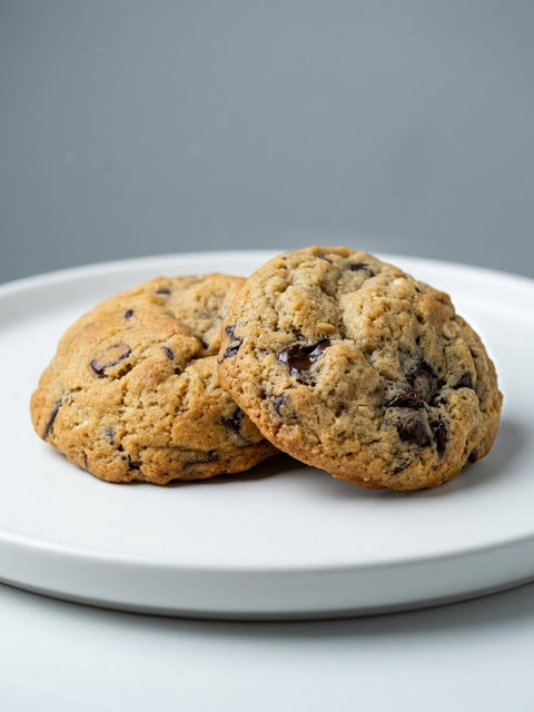 Două cookies Pain Plaisir cu ciocolată Michel Cluizel pe farfurie albă