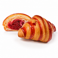Croissant artizanal cu zmeură, proaspăt copt, pe fundal alb.